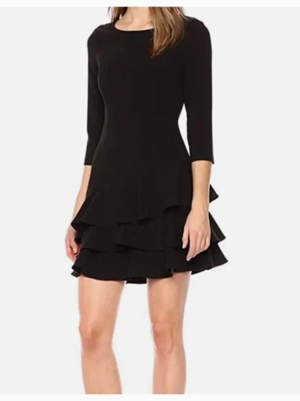 Halston Heritage Black 3/4 Sleeve Drop Waist Ruffle 3-Tier Cocktail Mini Dress 4